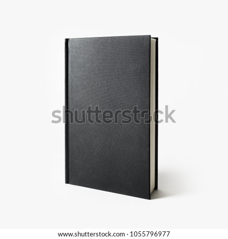 Blank black vertical book cover on white paper background.