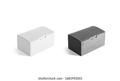 Blank Black And White Closed Craft Box Mock Up Set, Isolated. Empty Takeout Paper Pack For Dinner Mockup, Side View, Isolated. Clear Chips Or Cake Paperboard Case Mokcup Template.