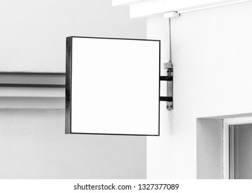 Blank Black And White Hanging Wall Sign Mockup, Square Modern Style Outdoor Signage With Copy Space, Company Sign To Add Logo Or Text 