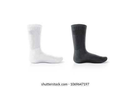 Blank Black And White Long Socks Design Mockup, Isolated. Pair Sport Cotton Sox Wear Mock Up. Tall Clear Soft Sock Stand Presentation. Male Female High Sportwear Template.