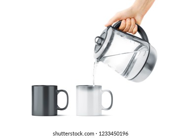 Blank Black And White Magic Mug With Hot Teapot Mockup, Isolated. Ceramic Cup Filling Water With Kettle In Hand Mock Up, Front View. Chameleon Utensil For Coffee Or Tea With Thermoprint.