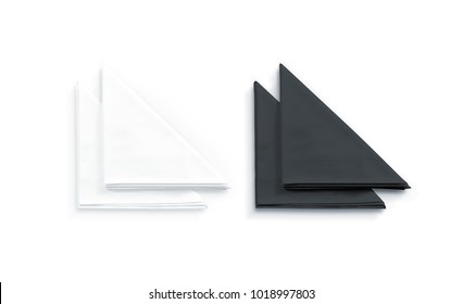 Blank black and white restaurant napkin mock up, isolated. Clear folded textile towel mockup design template. Cafe branding identity overlay for logotype design. Cotton cloth kitchen tissue towel