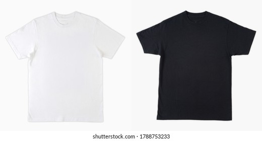 Blank black and white shirt mock up template, front and back view, isolated on white, plain t-shirt mockup. Tee sweater sweatshirt design presentation for print.