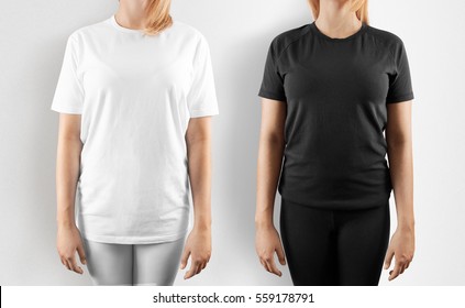 Blank black and white t-shirt design mockup, isolated. Women wear tshirt template, front view mock up. Empty apparel uniform singlet, female model. Plain sweat tee shirt dress set