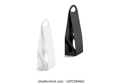 Blank Black And White Wine Folding Bag Mockup, Side View. Empty Carrier Case For Vine Or Liquor Bottle Mock Up, Isolated. Clear Vertical Carton Parcel For Birthday Gift Mokcup Template.