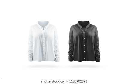 Blank Black And White Woman Shirt Mock Up Set, Isolated. Empty Classic Office Jacket With Long Sleeves Mockup. Clear Casing With Collar Uniform Template, Front View
