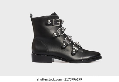 Blank black women's fashion cossack Cowboy boot isolated on white background. Female classic spring autumn shoe with pointy toe, metal rivets, buckle. Leather casual footwear. Mock up, template