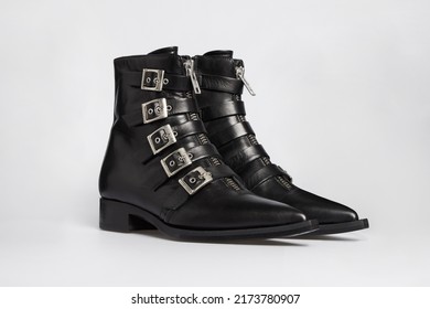 Blank black women's fashion cossack Cowboy boots isolated on white background. Female classic spring autumn shoes with pointy toe, metal buckles. Leather casual footwear. Mock up, template