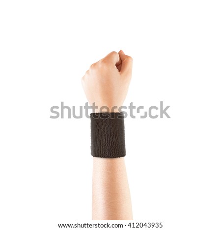 Blank black wristband mockup on hand, isolated. Clear sweat band mock up design. Sport sweatband template wear on wrist arm. Sports support protective bandage wrap. Bangle on the tennis player.