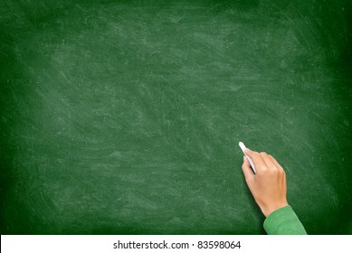 Blank blackboard / chalkboard. Hand writing on green chalk board holding chalk. Great texture for text.