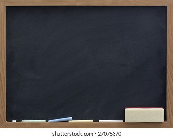 blank blackboard with eraser and chalk, smudge patterns,  white dust
