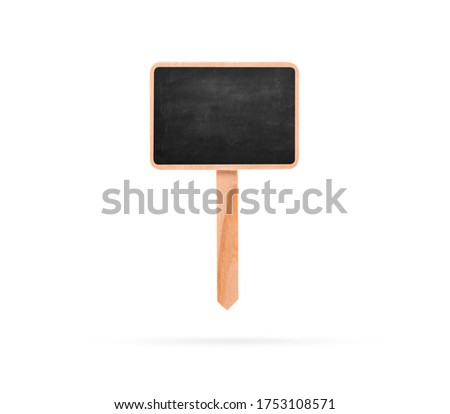 Blank Blackboard Label With Stick isolated on a white background.. Chalkboard on pole with shadow below