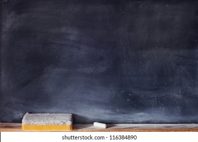 Blank blackboard with white chalk and eraser