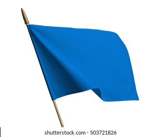 Blank Blue Flag Blowing In Wind Isolated On White Background.