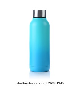 Blank blue gradient trendy closed travel flask  Empty traveler bottle & drink container template isolated white background  Thermo mug for hot cold beverage  tea & coffee  For mockup & branding 