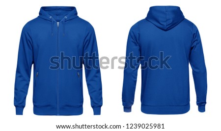 Blank blue male hoodie sweatshirt long sleeve with clipping path, mens hoody with zipped for your design mockup for print, isolated on white background. Template sport winter clothes.