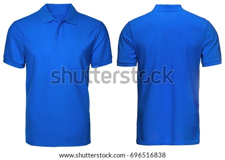 blank blue polo shirt, front and back view, isolated white background. Design polo shirt, template and mockup for print