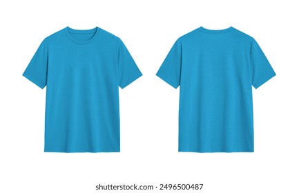 Blank blue t shirt front and back view mockup. Empty male casual clothes template for design, branding, advertisement, logo print. Clean summer cotton tshirt mock up isolated on white background. - Powered by Shutterstock