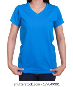 Blank Blue T-shirt On Woman Isolated On White Background