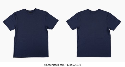 Blank Blue T-shirt Template Front View And Back View On White Background. Plain T-shirts Taken From The Top View. Blank Blue T-shirt Set Isolated, Mock Up Tshirt For Print.