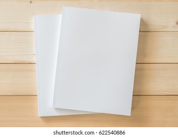 Blank Book Cover Mockup Template With Page Front Side On White Wood Table, Top View