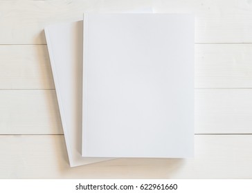 Blank Book Cover Template With Page In Front Side Standing On White Wood Background Flat Lay.