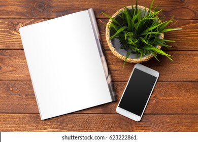 Blank Book Or Magazine Cover On Wood Background