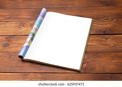 Blank Book Or Magazine Cover On Wood Background