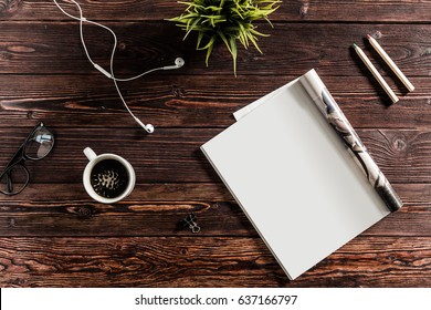 Blank Book Or Magazine Cover On Wood Background