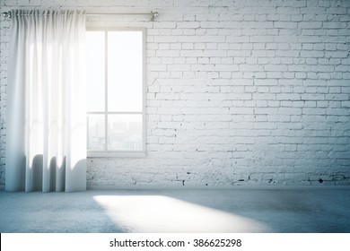 Blank brick wall in white loft design room with window, curtain and concrete floor. Mock up, 3D Render