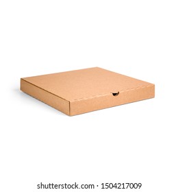 Blank Brown Cardboard Pizza Paper Box Isolated On White Background. Packaging Template Mockup Collection. Stand-up Half Side View Package.