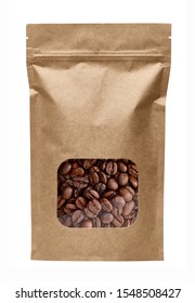 Blank brown kraft paper bag with coffee beans in transparent window isolated on white background packaging template mockup collection with clipping path