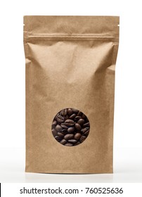 Blank Brown Kraft Paper Bag With Coffee Beans In Transparent Window On White Background. Packaging Template Mockup Collection With Clipping Path