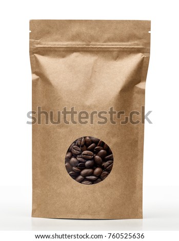 Blank brown Kraft paper bag with coffee beans in transparent window on white background. Packaging template mockup collection with clipping path