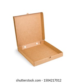 Blank Brown Open Cardboard Pizza Paper Box Isolated On White Background. Packaging Template Mockup Collection. Stand-up Half Side View Package.