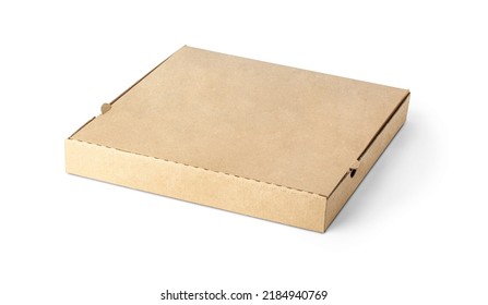 Blank Brown Open Cardboard Pizza Paper Box Isolated On White Background. Packaging Template Mockup Collection. Stand-up Front View Package.