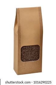 Blank Brown Paper Bag With Quinoa Beans In Transparent Window Mockup Or Mock Up On White Background Including Clipping Path
