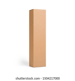 Blank Brown Tall Cardboard Wine Paper Box Isolated On White Background. Packaging Template Mockup Collection. Stand-up Half Side View Package.