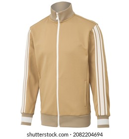 Blank brown tracksuit top, jacket design, sportswear, track front, side and back views.Sport tracksuit design template, zip jacket and trousers vector illustration.Fashionable tracksuit design. - Shutterstock ID 2082204694