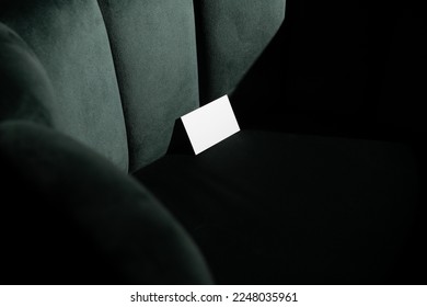 Blank business cards mockup template on a velvet, green art deco furniture, real photo. Isolated surface to place your design.  - Shutterstock ID 2248035961