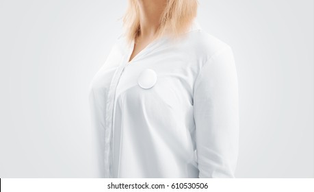 Blank Button Badge Mockup Pinned On The Womans Chest, Side View. Girl Wear White Shirt And Campaign Pin Mock Up. Volunteer Round Emblem Design Element. Pesron Stand With Canvass Voting Symbol Template