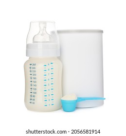 Blank Can Of Powdered Infant Formula With Feeding Bottle And Scoop On White Background. Baby Milk