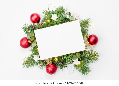 Blank Card With Christmas Decoration. Holiday Mockup.  Flat Lay, Top View