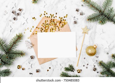 Blank Card With Golden Streamers And Sparkles. Holiday Mockup. Christmas Concept. Flat Lay, Top View