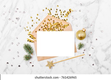 Blank Card With Golden Streamers And Sparkles. Holiday Mockup. Christmas Concept. Flat Lay, Top View