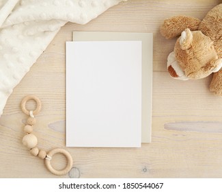 Blank card mockup and envelope for baby shower invitation, greeting card design, nursery art mock up.