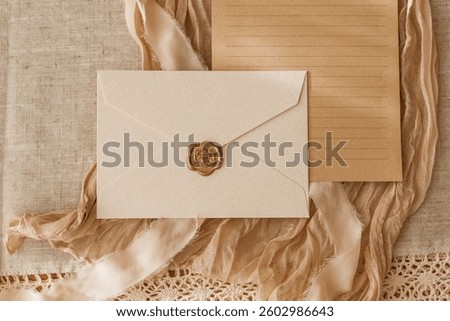 Blank card mockup, lined empty paper sheet, envelope and beige chiffon fabric. Aesthetic minimalistic flat lay with copy space. Greeting card or wedding invitation template.	