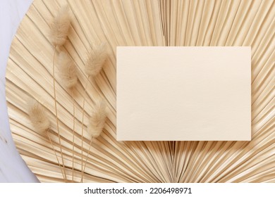 Blank Card On Dry Beige Palm Leaf Near Hare's Tail Grass Top View, Mockup. Boho Scene With Horizontal Card. Bohemian Or Close To Nature Greeting Card Or Wedding Invitation
