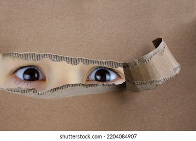 Blank Cardboard Form, Craft Paper, Hole With Human Eye, Young Child 10-12 Years Old Looking Straight, Covertly Is Following, Concept Of Secrecy, Spying, Surveillance System, Face Recognition