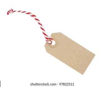 Blank Cardboard Tag Label With Red And White String Isolated On White Background